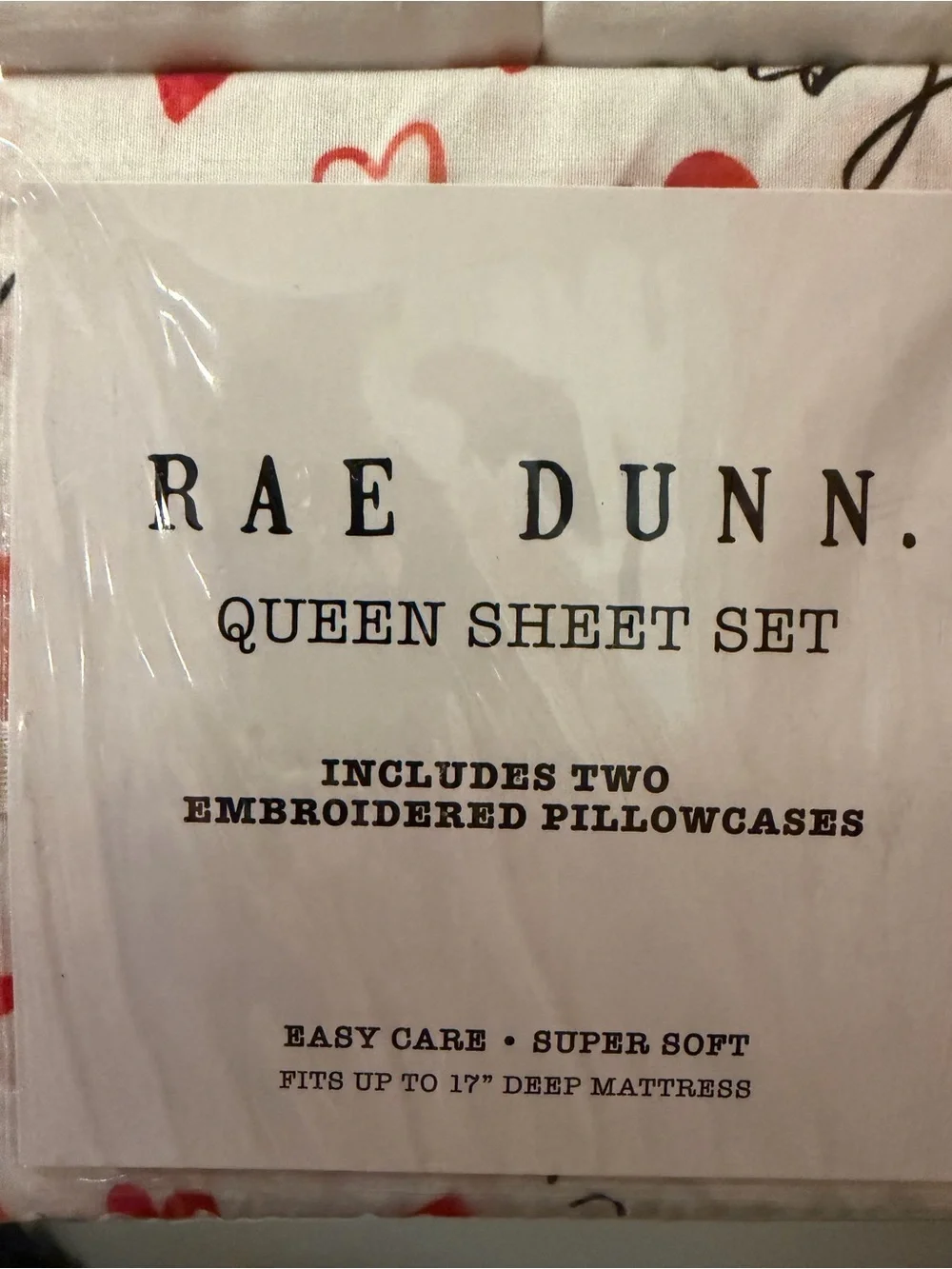 Rae Dunn White Sheet Set with Red & Pink Heart Motif